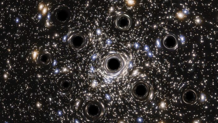 Artist's impression of a group of black holes in a globular cluster