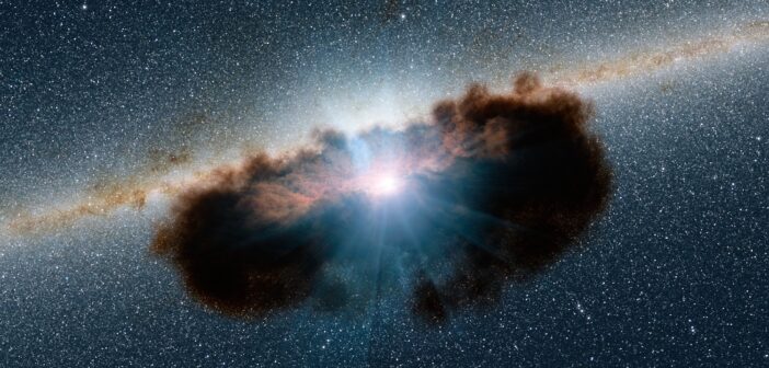 Illustration of an accreting supermassive black hole shrouded by dust