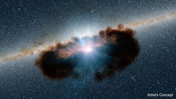 Illustration of an accreting supermassive black hole shrouded by dust