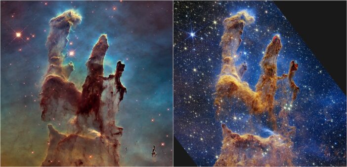Pillars of creation as seen by Hubble and JWST