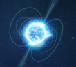 A blue/white star with lines representing magnetic fields sprouting from the poles against a black background.