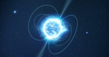 A blue/white star with lines representing magnetic fields sprouting from the poles against a black background.