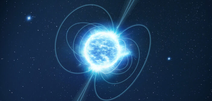 A blue/white star with lines representing magnetic fields sprouting from the poles against a black background.