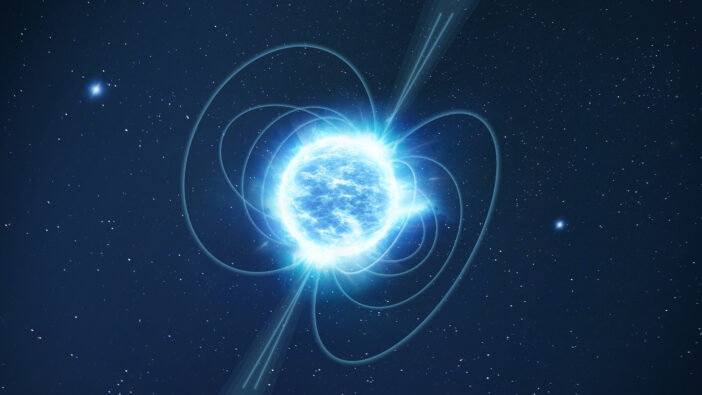 A blue/white star with lines representing magnetic fields sprouting from the poles against a black background.