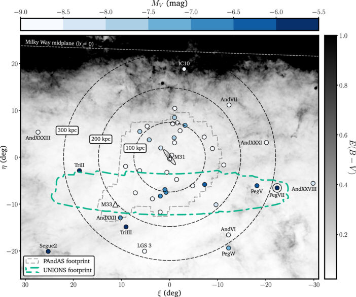 locations of Andromeda Galaxy satellites and survey footprints
