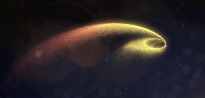 A spiral of bright material circling a black core.