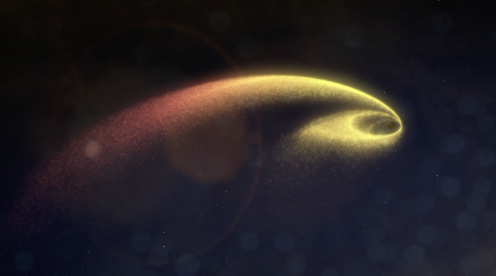 A spiral of bright material circling a black core.