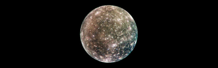 A photograph of a heavily cratered moon on a black background.