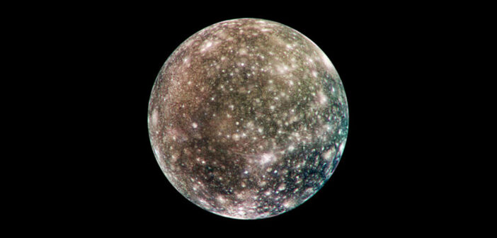 A photograph of a heavily cratered moon on a black background.