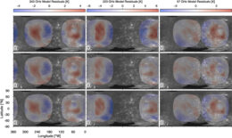 A multi-panel figure of a black and white surface beneath transparent red and blue blobs.