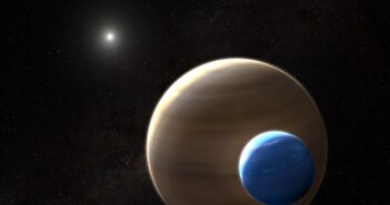 Illustration of a giant planet with a large moon orbiting a distant star