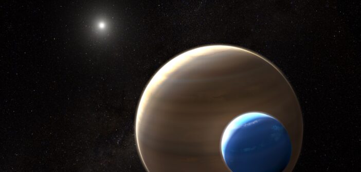 Illustration of a giant planet with a large moon orbiting a distant star