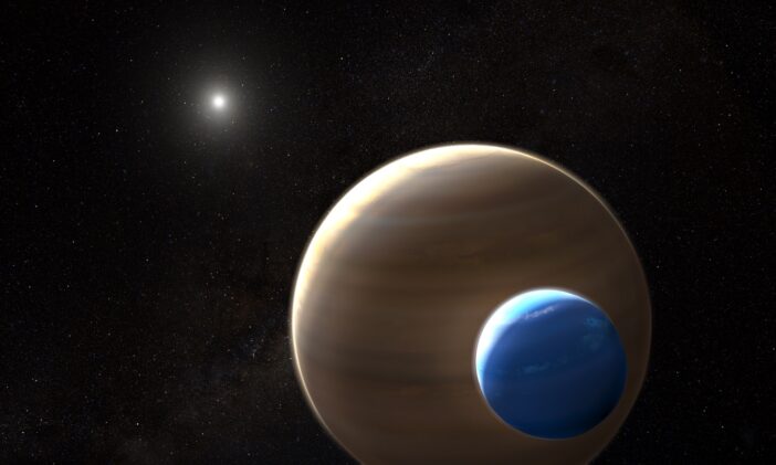 Illustration of a giant planet with a large moon orbiting a distant star