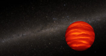 A Strange Brown Dwarf Gets Stranger A glowing orange sphere set against a background image of the Milky Way's disk of stars.