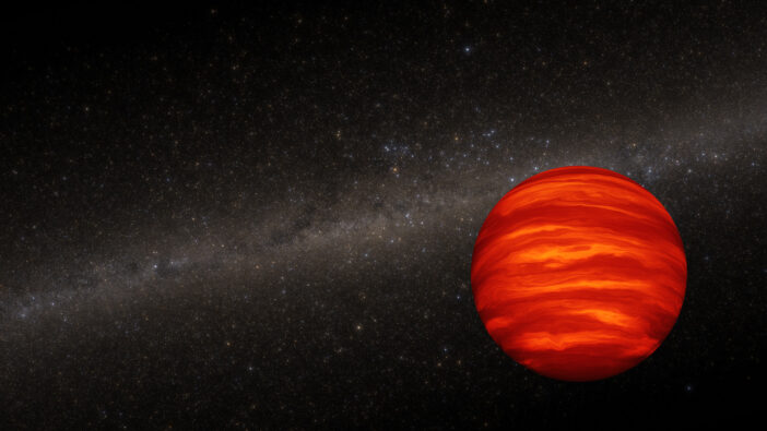 A glowing orange sphere set against a background image of the Milky Way's disk of stars.