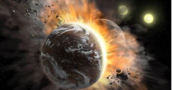 A rendering of two rocky worlds mid-collision, with debris exploding outwards.