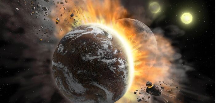 A rendering of two rocky worlds mid-collision, with debris exploding outwards.