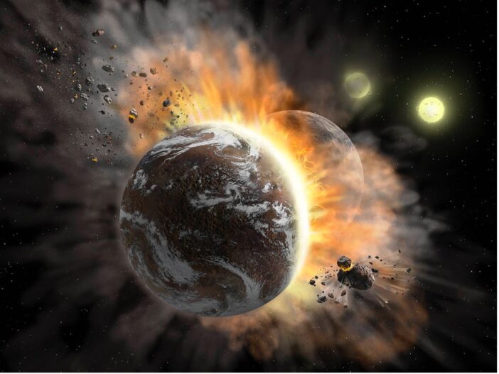 A rendering of two rocky worlds mid-collision, with debris exploding outwards.