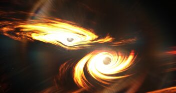 A rendering of two dark spheres surrounded by bright, misaligned disks drawing near to one another.