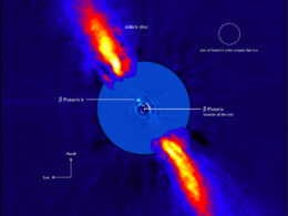 An image of a bright disk, edge on, a coronograph mask blocking out the star, and a bright dot near the center of the mask.