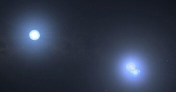 A rendering of three white stars, two of which are very close together.