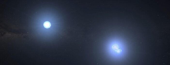 A rendering of three white stars, two of which are very close together.