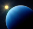 A rendering of a blue planet in the foreground and a small bright star in the background.