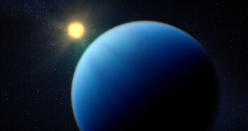 A rendering of a blue planet in the foreground and a small bright star in the background.