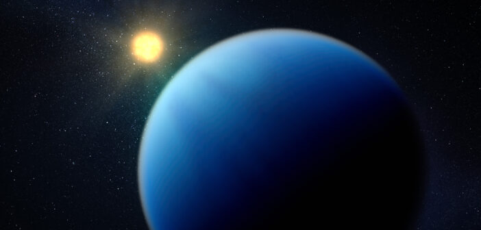 A rendering of a blue planet in the foreground and a small bright star in the background.