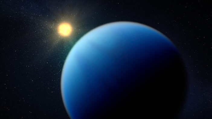 A rendering of a blue planet in the foreground and a small bright star in the background.