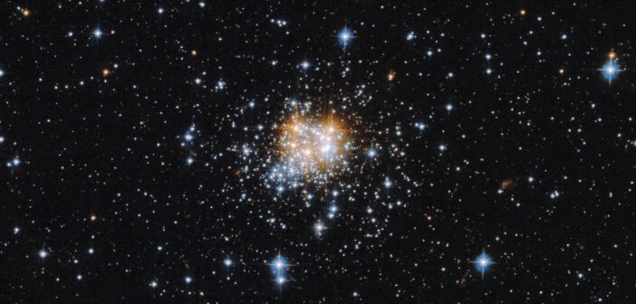 A photograph of a dense knot of stars against a collection of more spread-out stars.