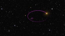 A photograph of a patch of the night sky with two nested purple ovals overlaid.