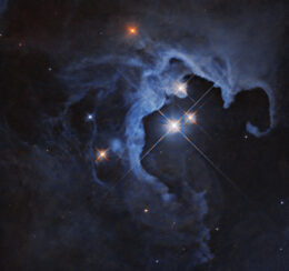 A photograph of three bright stars within a circular cavity of gas.