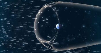 Illustration of the solar wind interacting with Earth's magnetic field