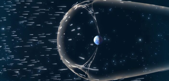 Illustration of the solar wind interacting with Earth's magnetic field