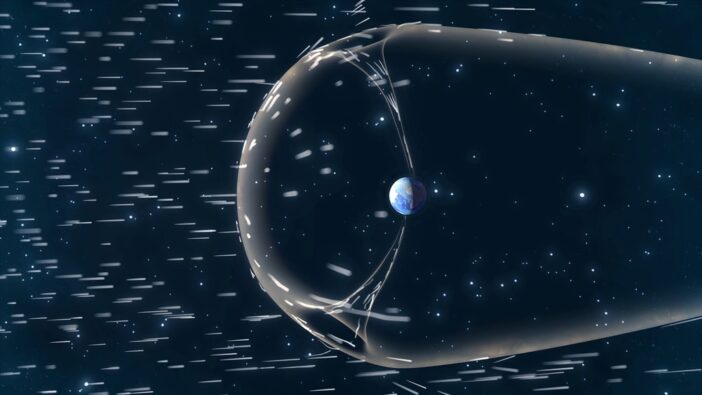Illustration of the solar wind interacting with Earth's magnetic field