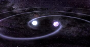 Illustration of two white dwarfs about to merge