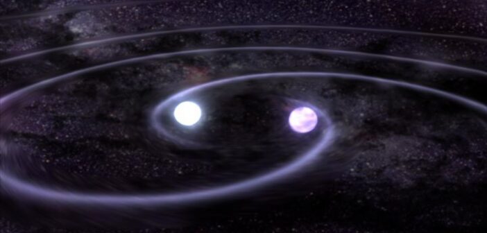 Illustration of two white dwarfs about to merge