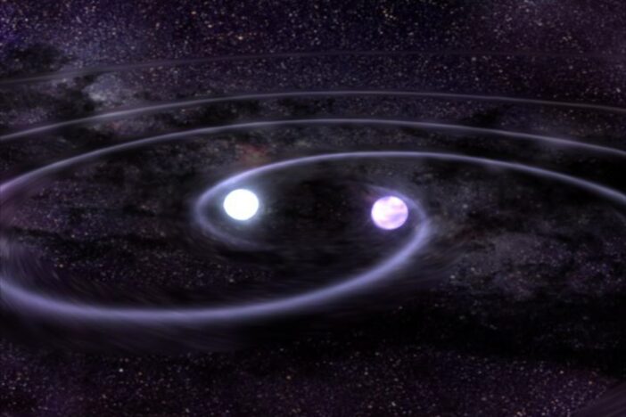 Illustration of two white dwarfs about to merge
