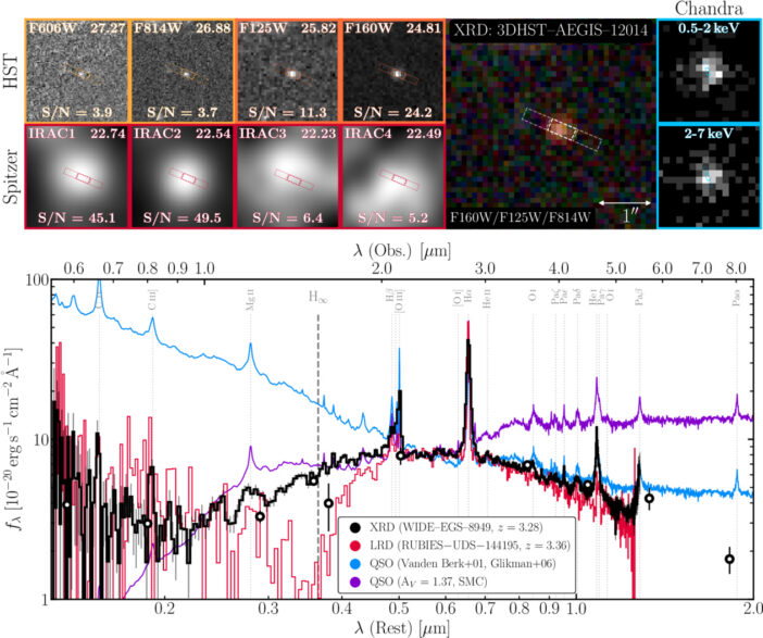 A figure showing image cutouts from HST, Spitzer, and Chandra, of the XRD. The bottom panels also shows its spectrum alongside a typical LRD spectrum.