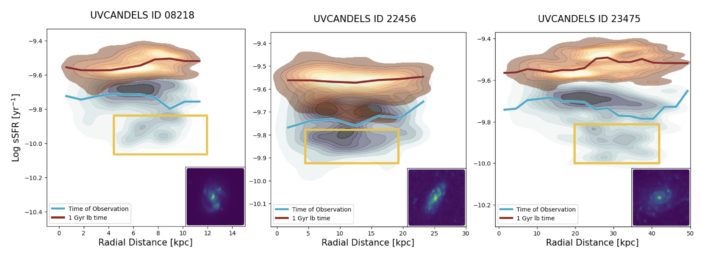 specific star formation rate of the regions as a function of their distance from the center of the galaxy