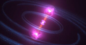 A rendering of two purple jets streaming away from a central explosion.