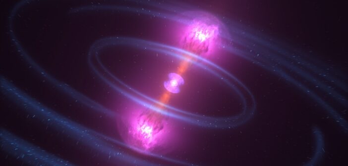A rendering of two purple jets streaming away from a central explosion.