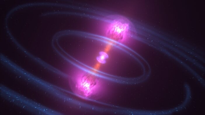 A rendering of two purple jets streaming away from a central explosion.