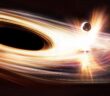 illustration of a stellar-mass object crashing through the accretion disk around a supermassive black hole