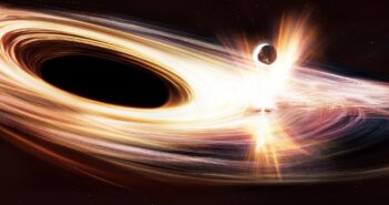 illustration of a stellar-mass object crashing through the accretion disk around a supermassive black hole