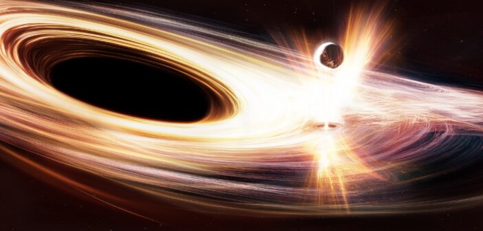 illustration of a stellar-mass object crashing through the accretion disk around a supermassive black hole