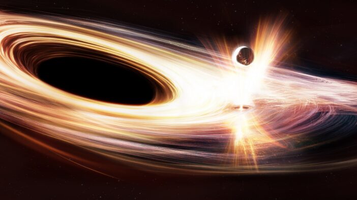 illustration of a stellar-mass object crashing through the accretion disk around a supermassive black hole