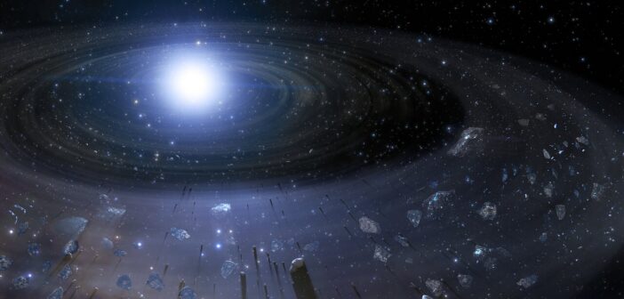 illustration of a white dwarf surrounded by rocky debris