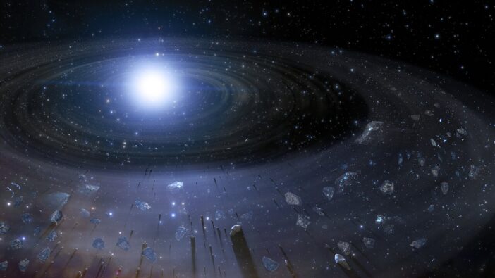 illustration of a white dwarf surrounded by rocky debris